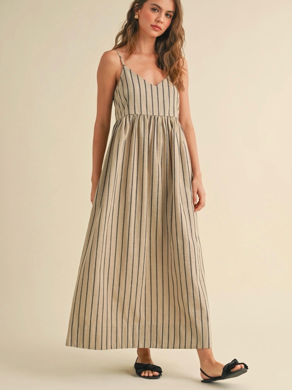 Miou Muse Beige Striped Linen Blend Maxi Dress